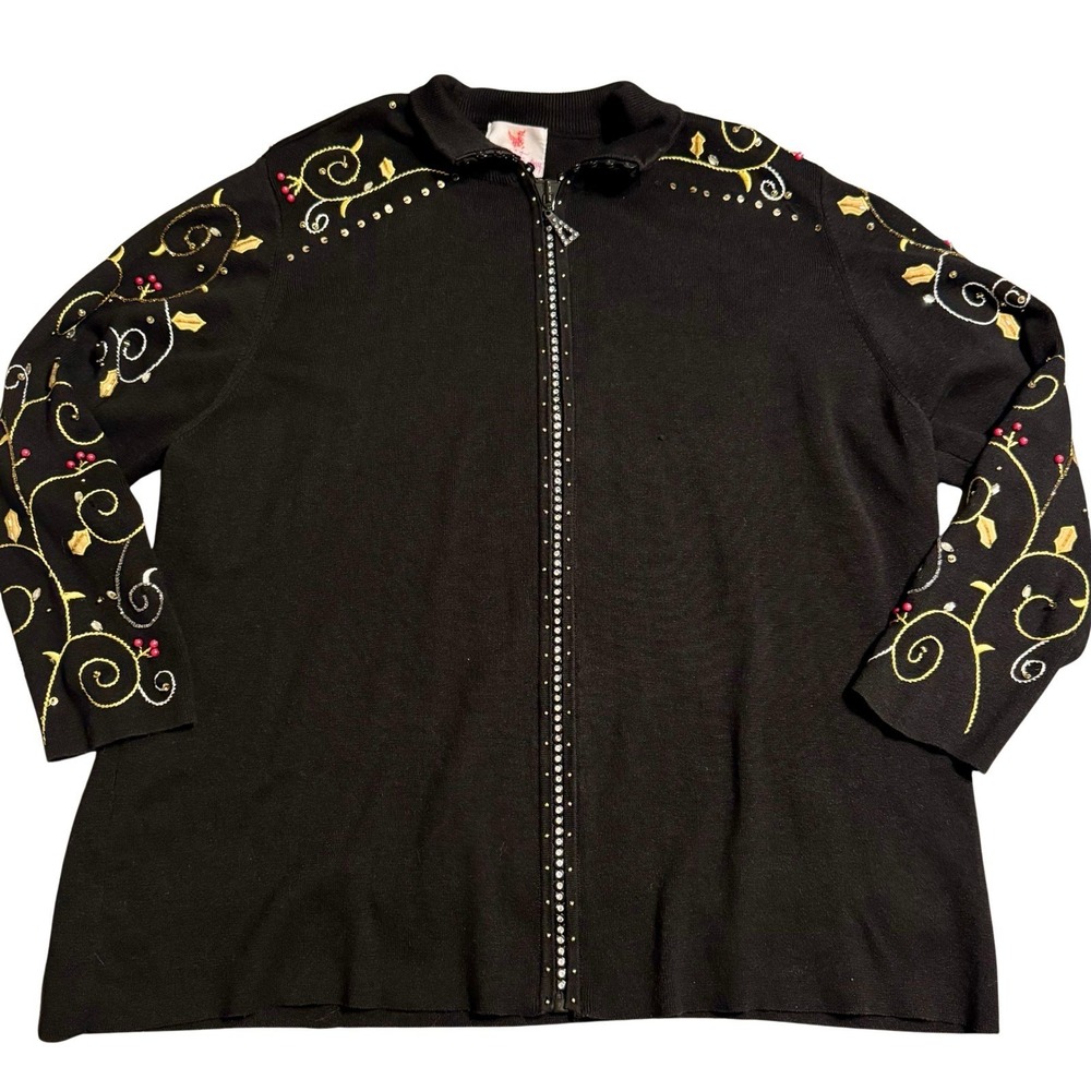 Quacker Factory Black Embellished Zip‎ Cardigan Sweater 2XL Beaded Christmas